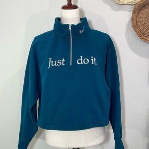 NIKE Sportswear Shine Crop Sweatshirt Teal Silver Just do it Fleece 1/4 Zip Med